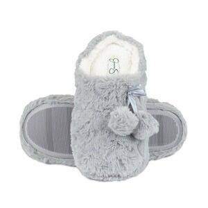 Jessica Simpson Plush Heart Slippers Gray Pom Pom Memory Foam Cozy  S 6-7 NEW